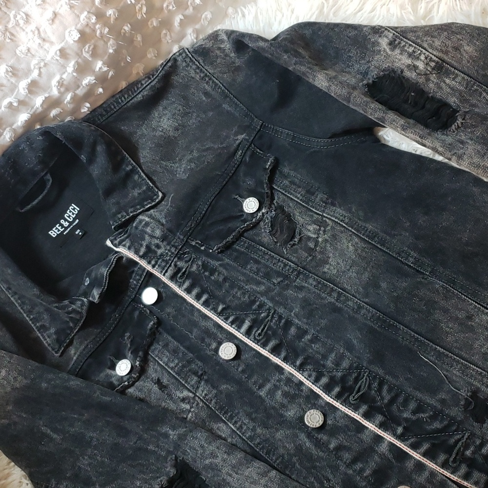 BEE & CECI Premium Denim Distressed Black Jacket.